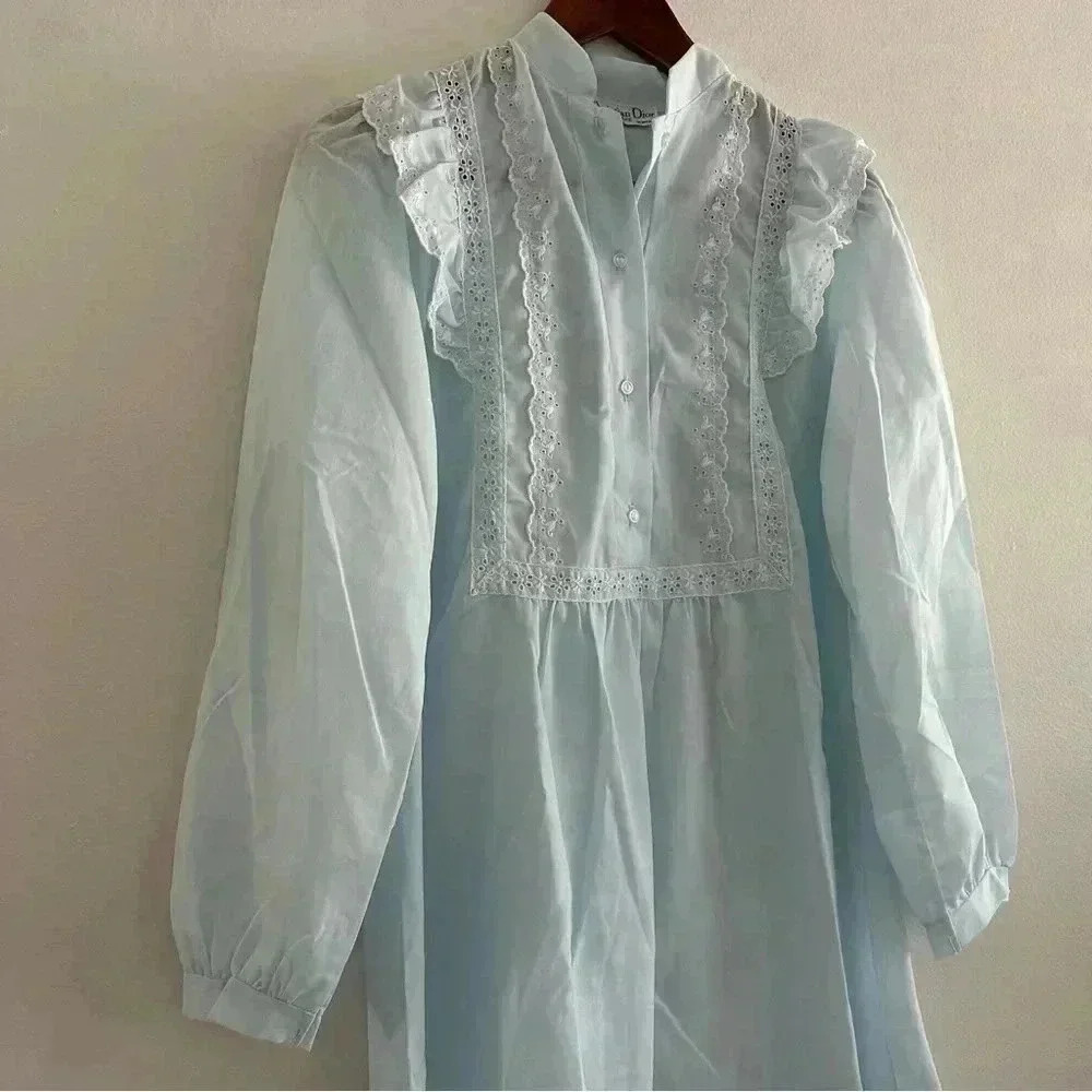 Vintage Christian Dior Blue Cotton Night Gown Dress S/4-6 - Picture 9 of 10